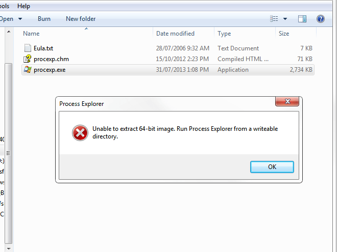 Process Explorer error screenshot