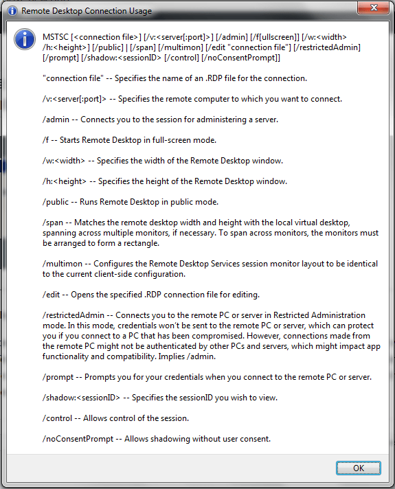 Remote desktop command switches