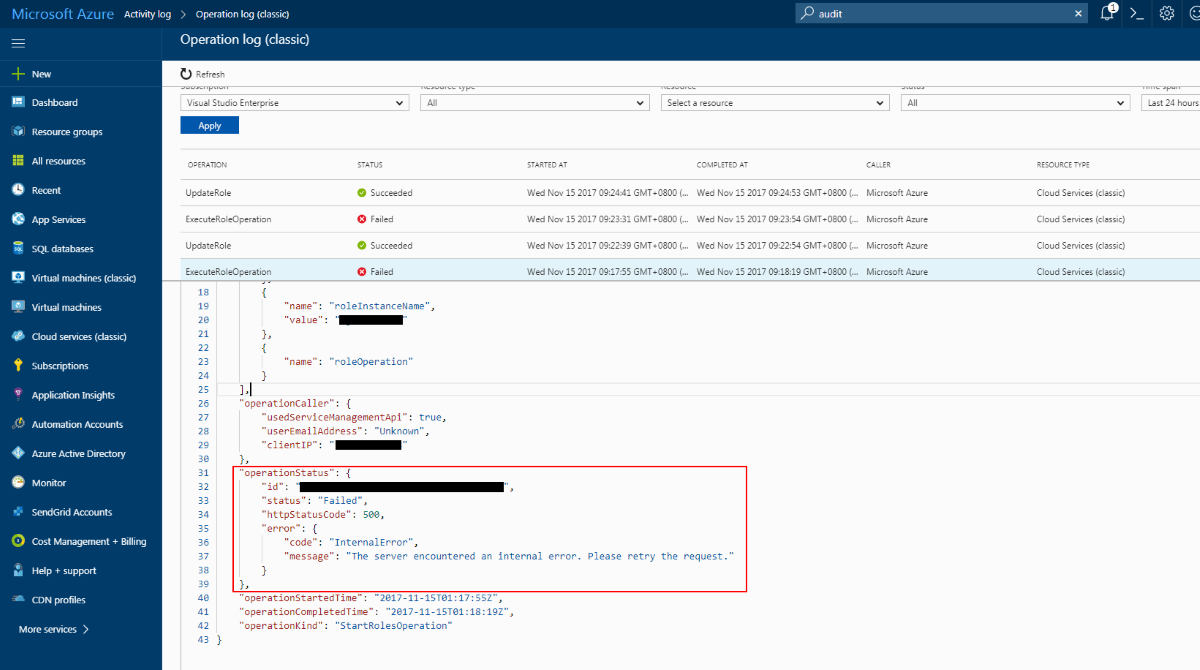 Azure Operation Log Screenshot