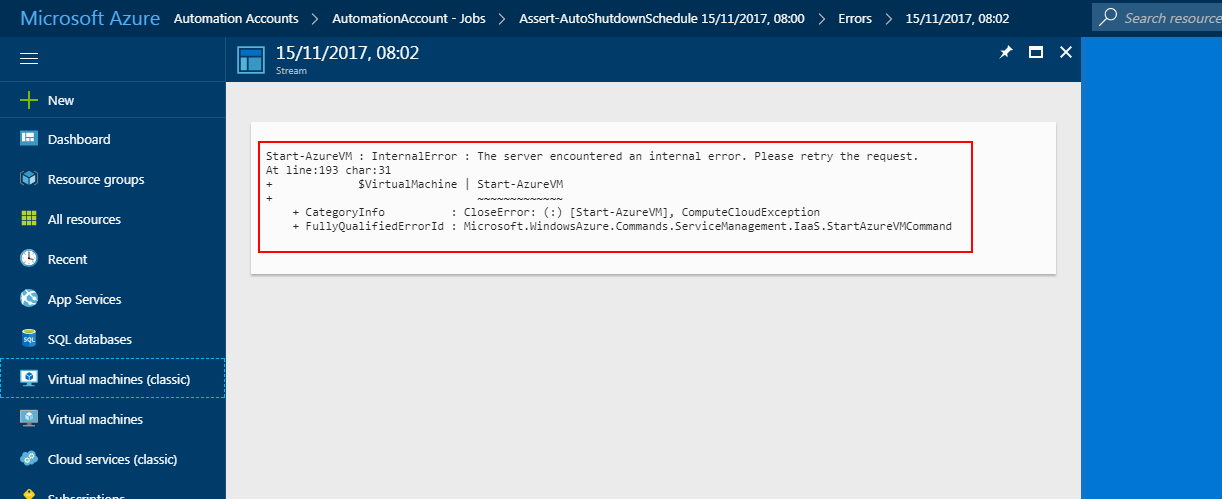 Azure Portal Internal Error Screenshot