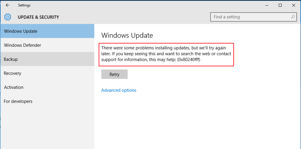 Windows Update Error (0x80240fff) Screenshot