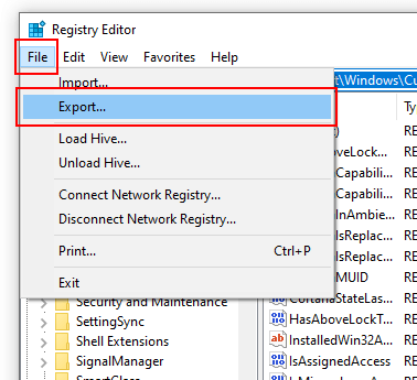 Registry Editor Export Screenshot