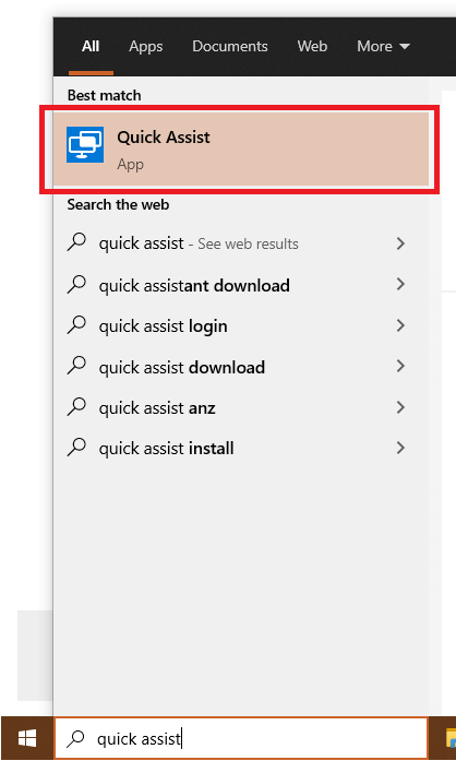 Windows 10 Quick Assist Start Menu Screenshot