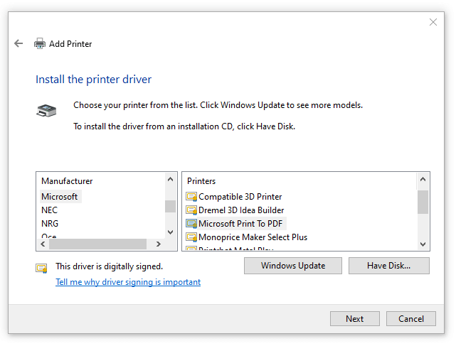 Windows 10 Add Printer Dialog