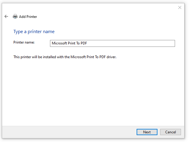 Windows 10 Add Printer Dialog