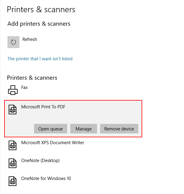 Windows 10 Add Printer Dialog