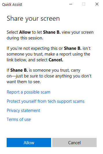 Windows 10 Quick Assist screenshot