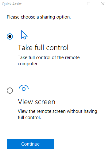 Windows 10 Quick Assist screenshot
