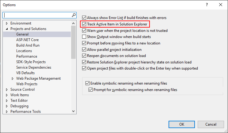 Visual Studio Options Screenshot