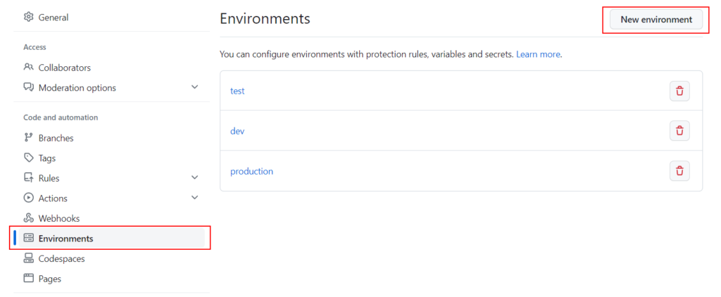 GitHub Environments Screenshot