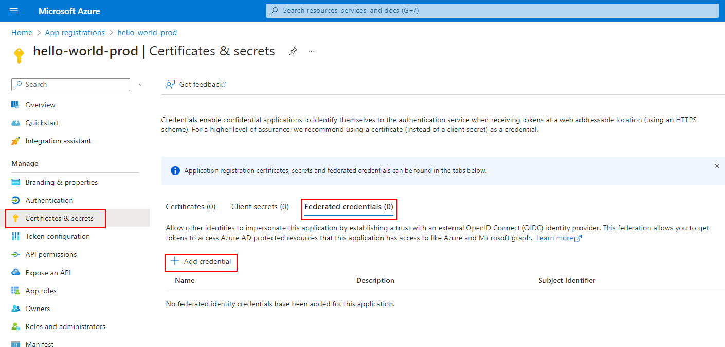 Azure Portal App Registration Federated Credentials Screenshot